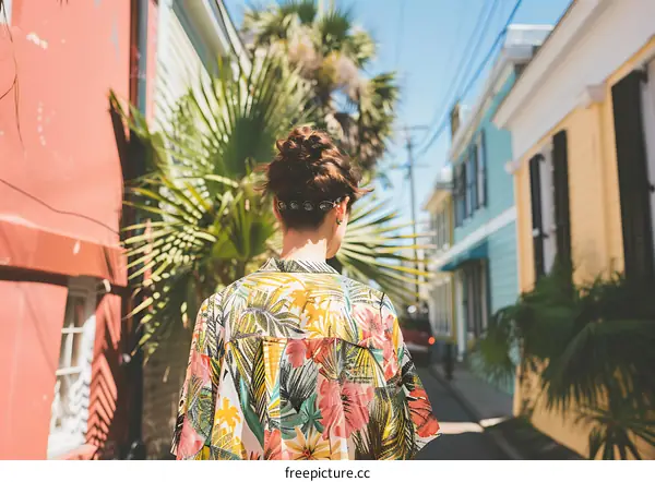 Woman Walking Down Colorful Street In Tropical Destination