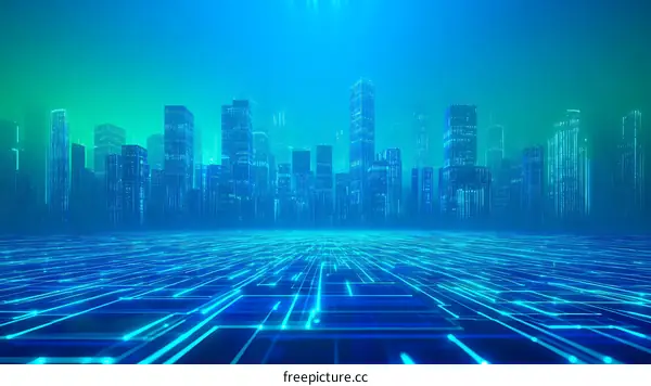 Futuristic Cityscape with Digital Pathways