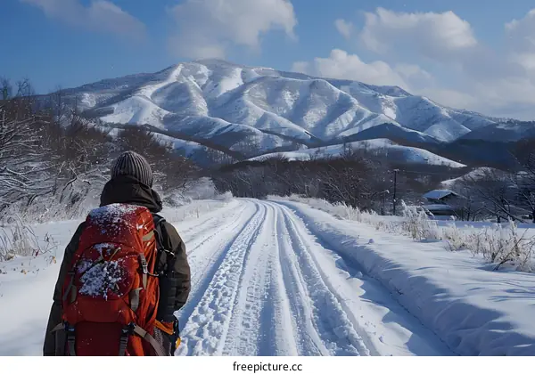 A lone hiker walks through the snow-covered mountains.