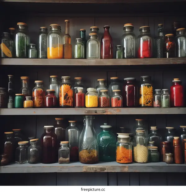 Colorful Glass Jars and Bottles on a Wooden Shelf