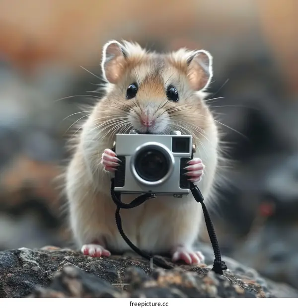 A cute hamster is holding a camera
