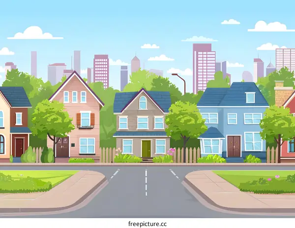Beautiful Suburban Neighborhood Illustration With Houses And Green Trees