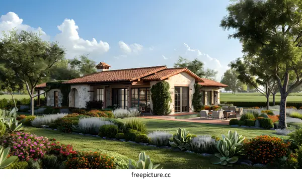 European style villa surrounded by plants and flowers