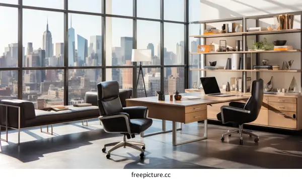 Modern office interior with large windows and city view
