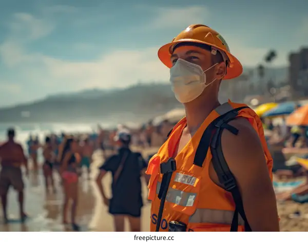 Lifeguard wearing a mask and hard hat looking out over the beach