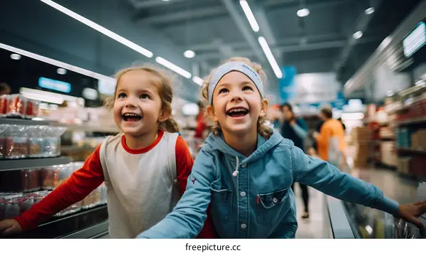 Two happy little girls running in a supermarket