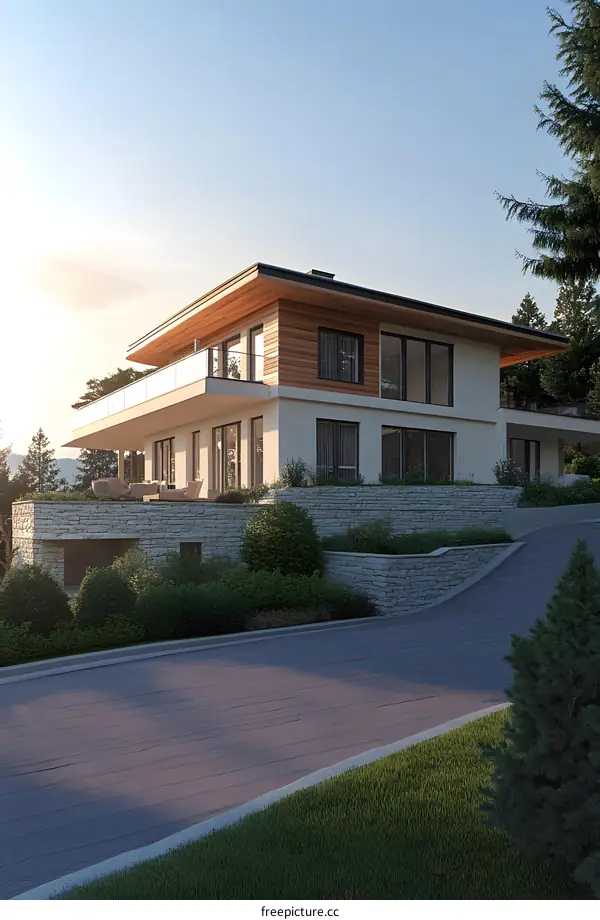 Modern House with a Large Balcony and a Stone Wall