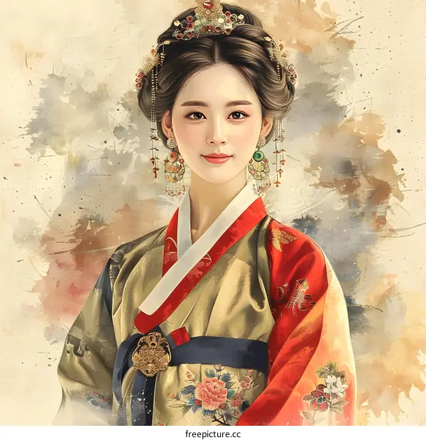 Korean Woman in Traditional Hanbok Dress with Crown and Jewelry