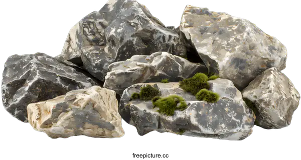 [Transparent Background PNG]Gray Rocks With Green Moss On White Background