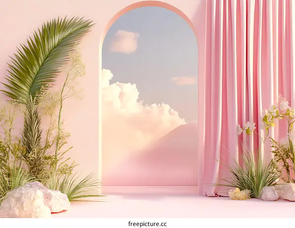 Pink Archway with Palm Tree and Pink Curtain