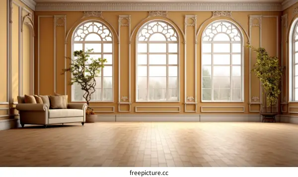 Bright spacious living room with large windows and hardwood floors