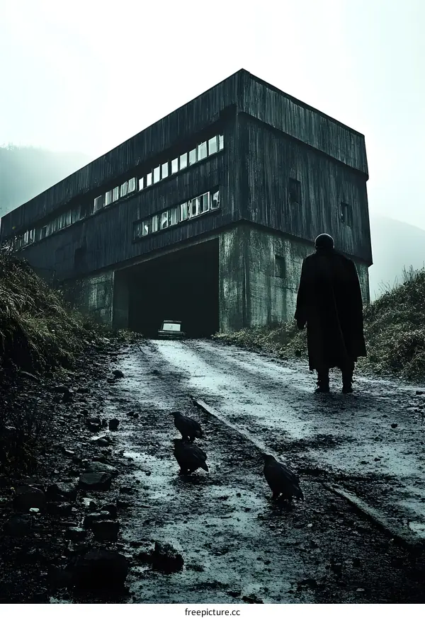 Lonely Figure Walking Away From Abandoned Building With Crows