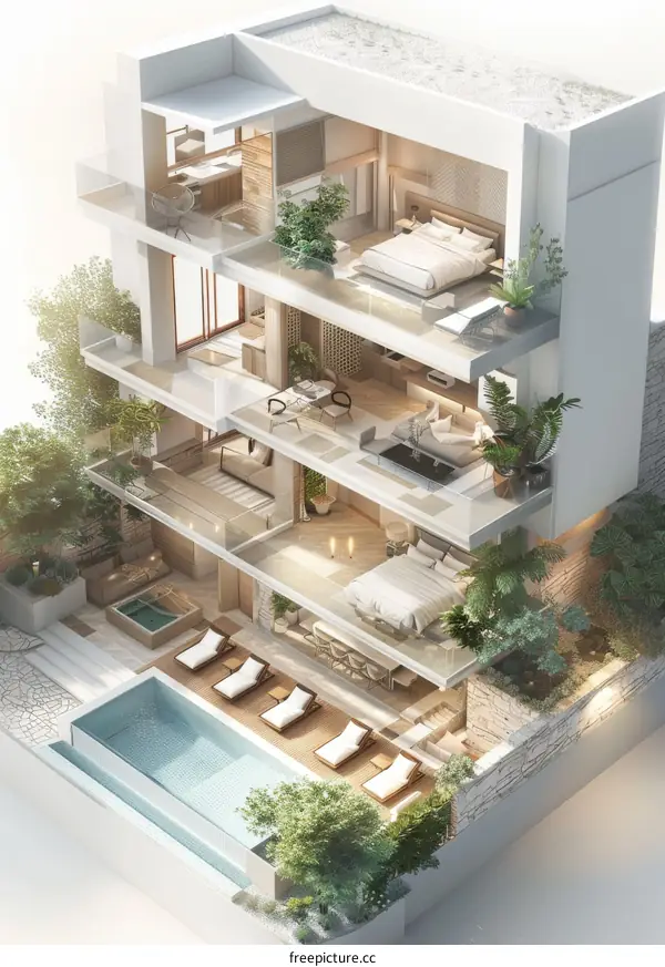 Modern Multi-Level Villa Interior Design Illustration