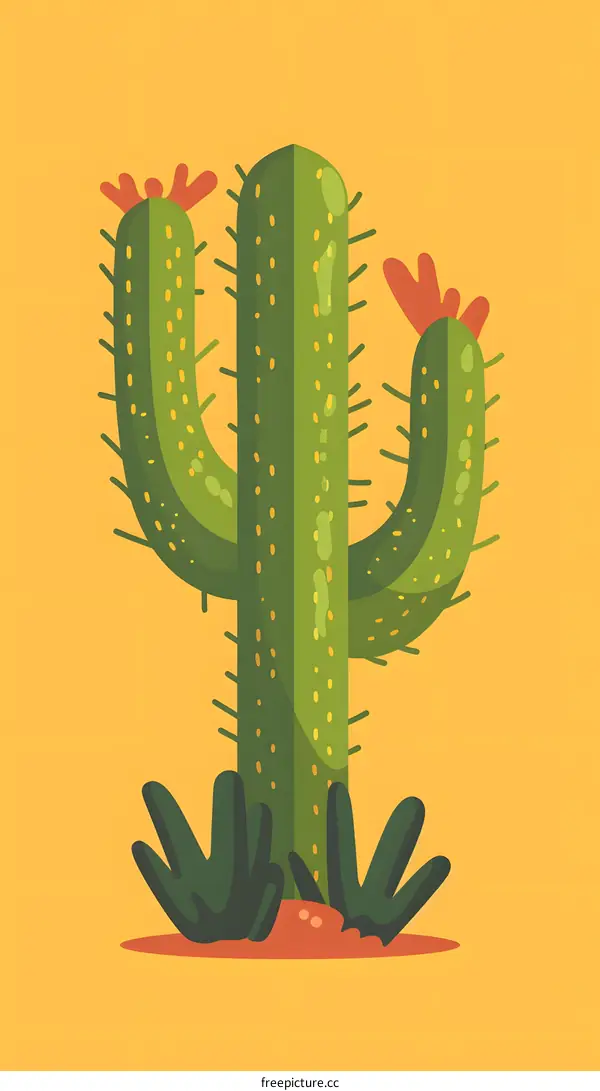 Green Cactus Plant Illustration With Yellow Background
