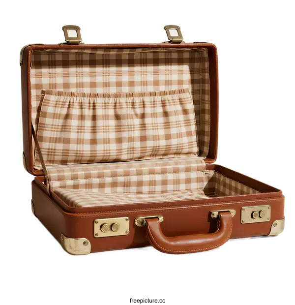 [Transparent Background PNG]Vintage Leather Suitcase with Plaid Interior Open Top View
