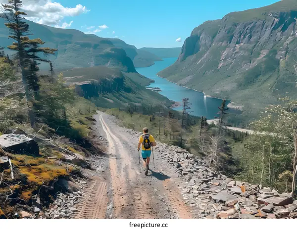 Man Hiking on Mountain Trail with Stunning View of Lake and Mountains
