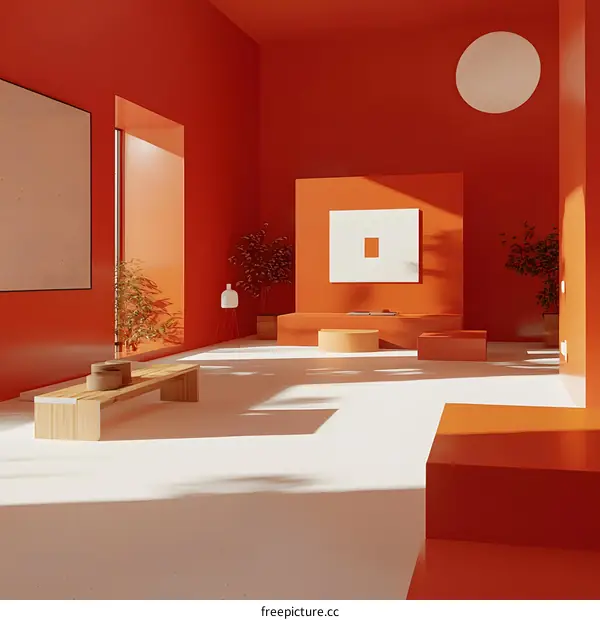 Minimalist Red Interior Design with Geometric Shapes and Natural Light