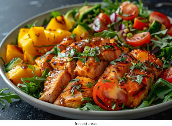 Grilled salmon with mango, tomato and rocket salad