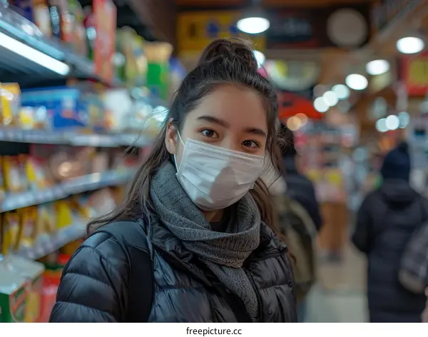 A young woman wearing a mask in a grocery store