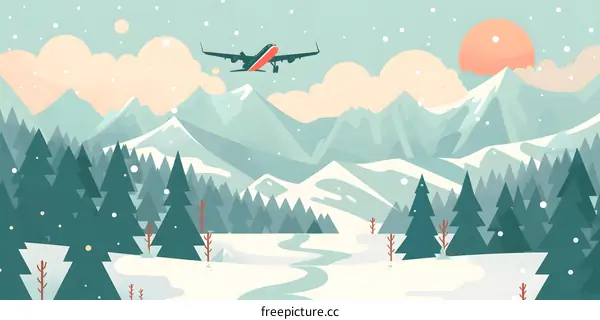 Winter Mountain Landscape with Airplane Flying Over