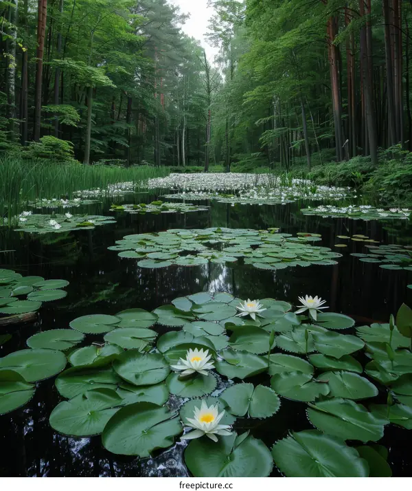 Tranquil Forest Pond with Blooming White Water Lilies