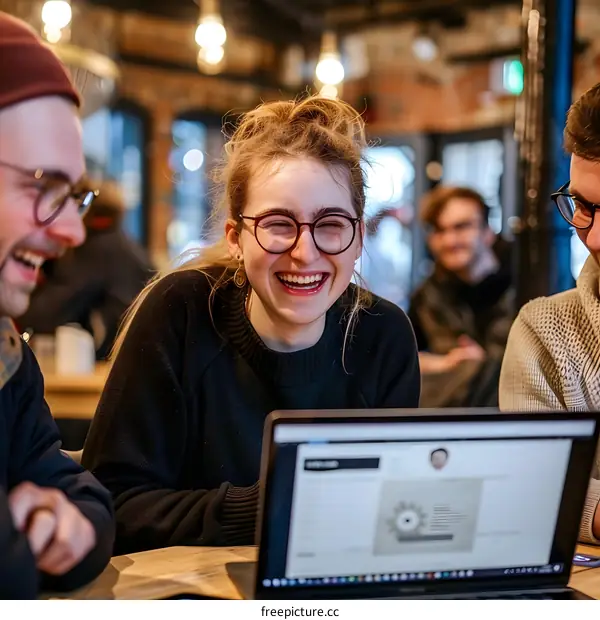 Laughing Friends Working on Laptop in Cafe