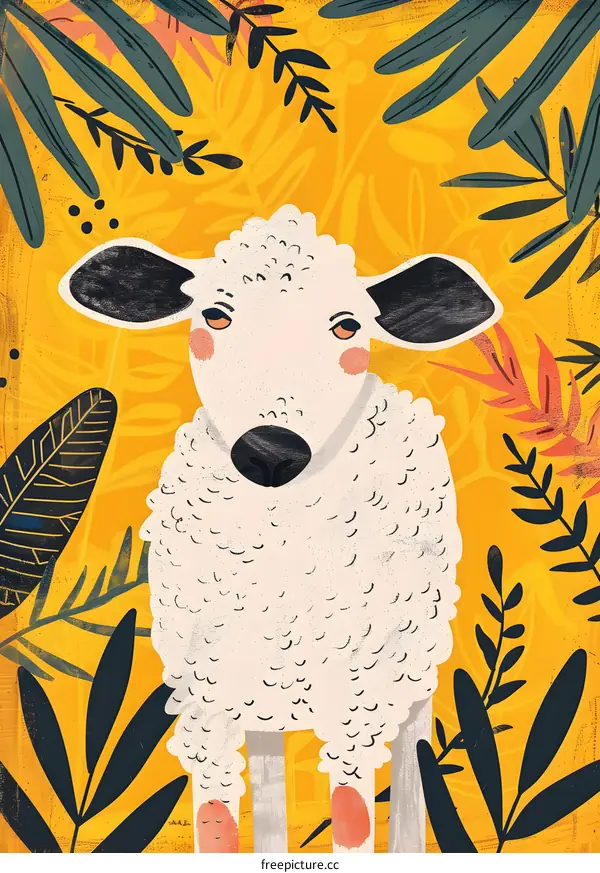 Cute Cartoon Sheep in a Tropical Garden Illustration