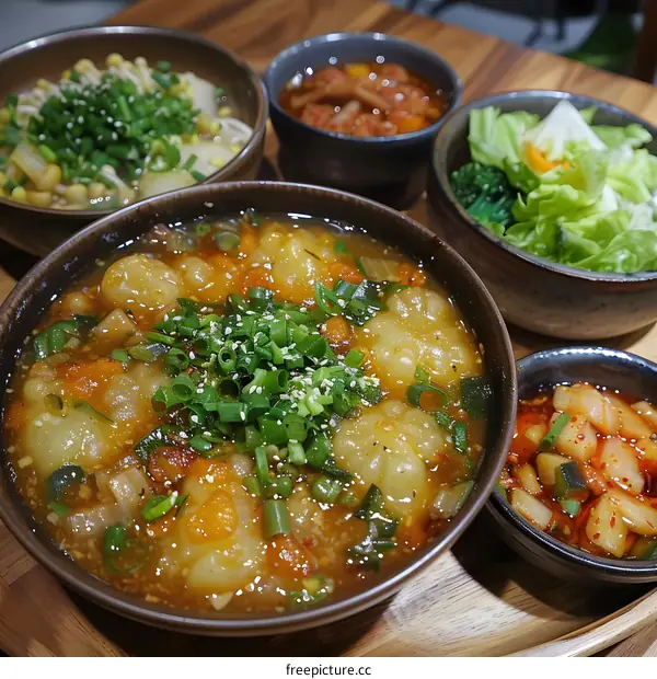 A delicious meal of dumplings, soup, and salad