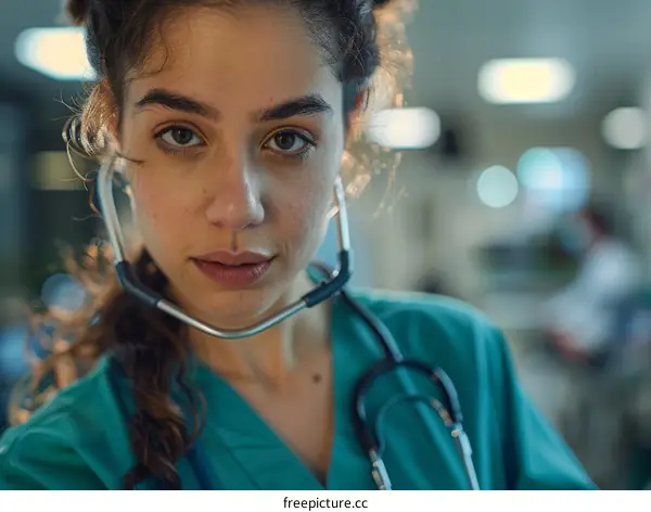 Portrait of a confident female doctor or nurse wearing a stethoscope around her neck