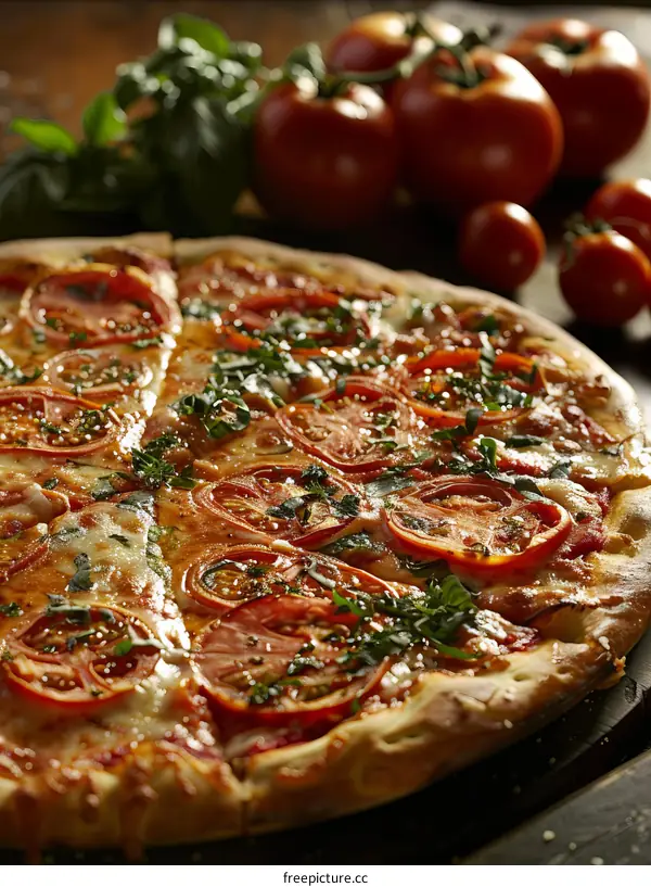 Pizza with fresh tomatoes and basil