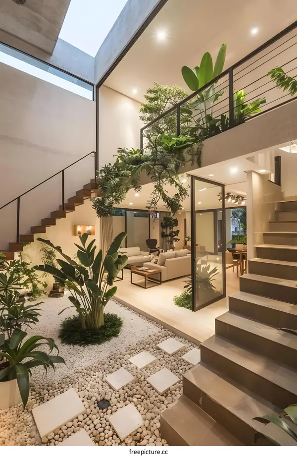 Modern Interior Design with Indoor Garden and Stone Pathway