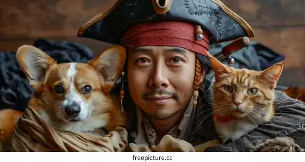 A Man With a Pirate Hat and His Pets