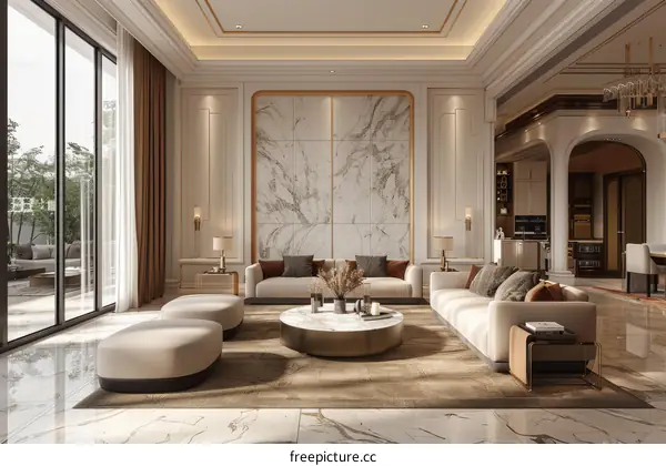 Luxury Living Room with Marble Floors and Balcony