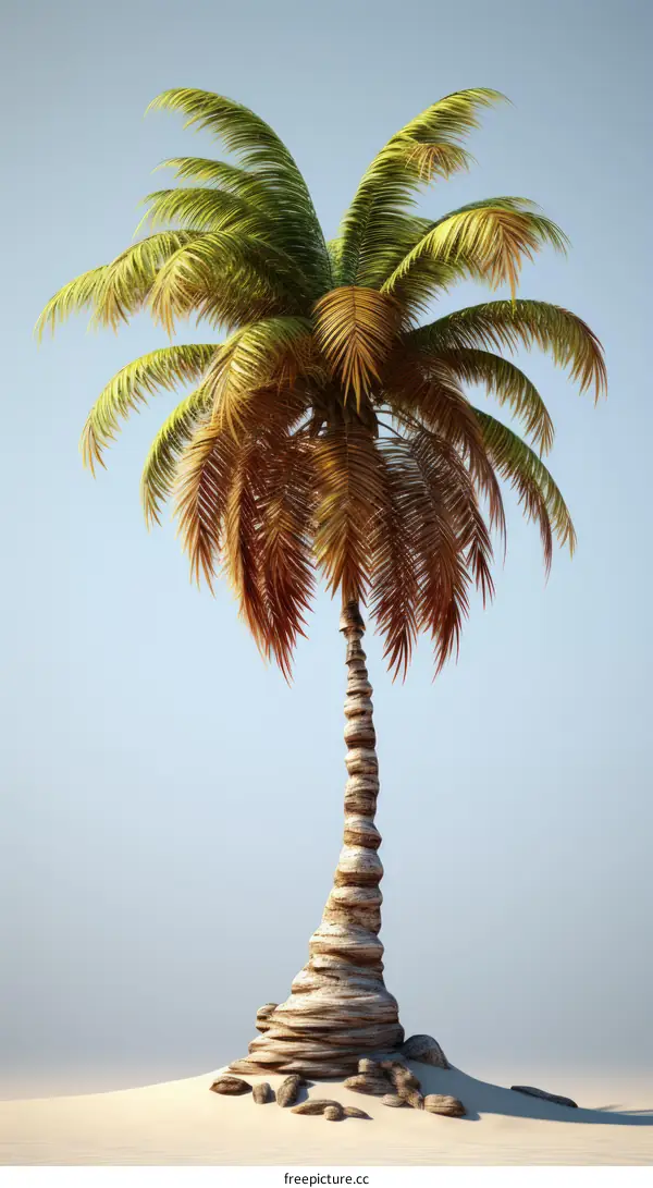 Tall Palm Tree on Beach with Green and Brown Leaves