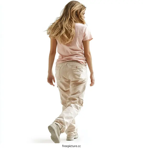 Woman Walking in Beige Cargo Pants and Pink Top