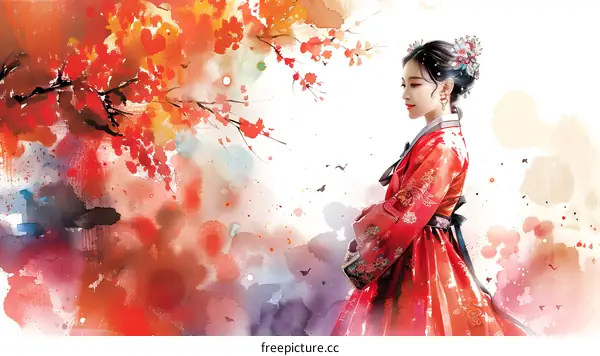 A beautiful Korean woman in traditional dress stands in a field of red flowers.