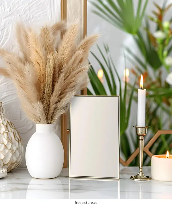 White Picture Frame with Pampas Grass and Candles