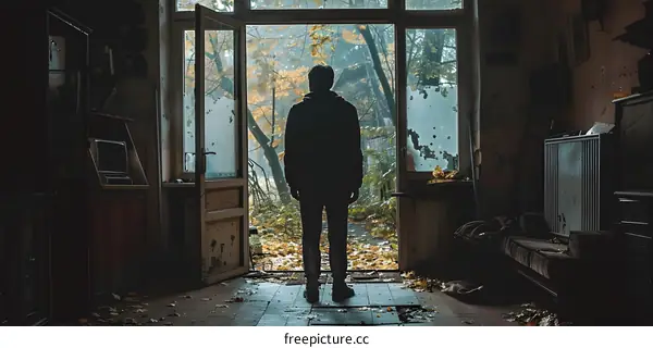 man standing in doorway of abandoned building