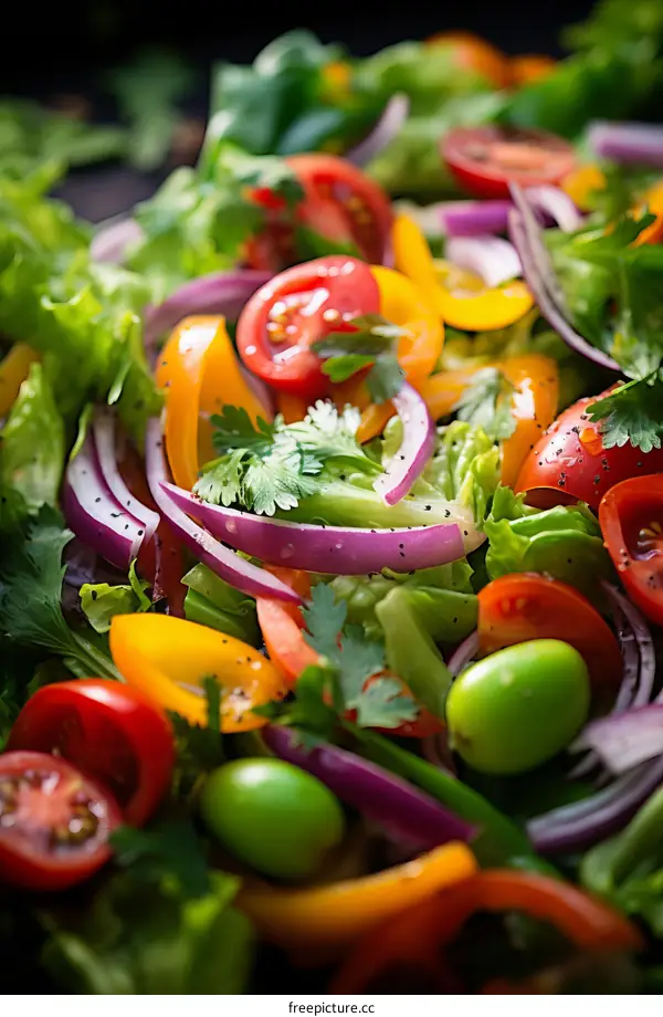 Fresh and colorful salad with lettuce, tomatoes, bell peppers, and onions