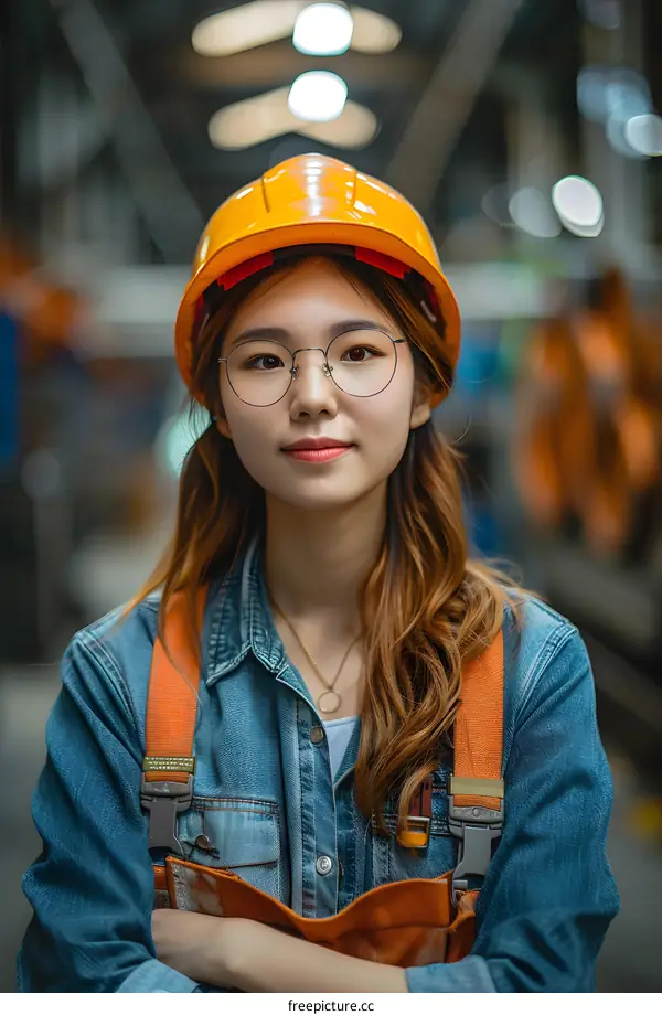 portrait of a young asian woman wearing a hard hat and safety glasses in a factory