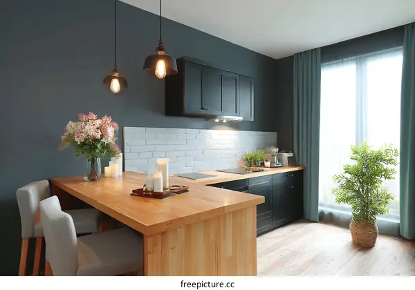 Modern Kitchen Interior Design with Wooden Island and Dark Cabinets