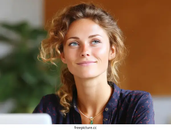 Woman with Curly Hair in a Thoughtful Pose