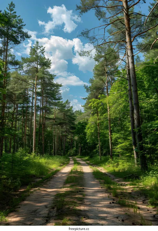Country road through a dense green deciduous and coniferous forest on a sunny day
