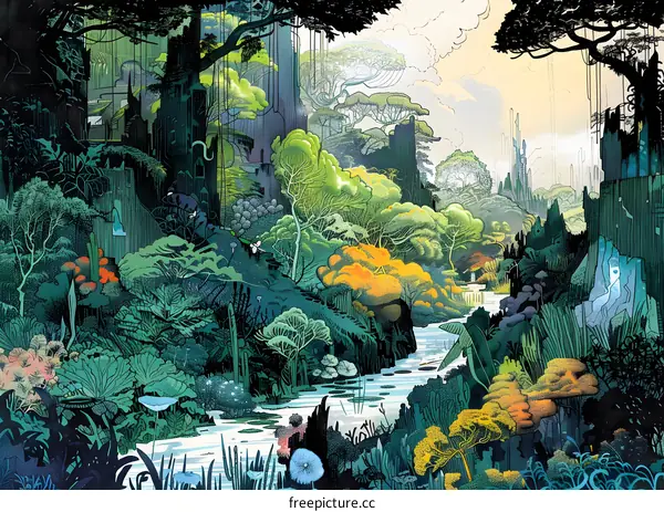 Fantasy Forest with Waterfall and Ruins