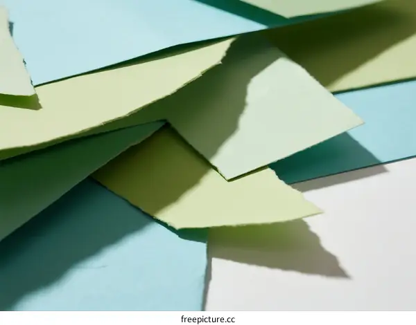 Colorful torn paper sheets with soft shadows and varied tones