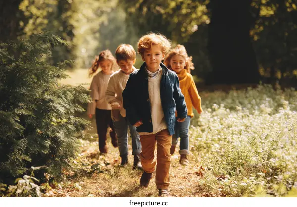 Children walking on a path in a park