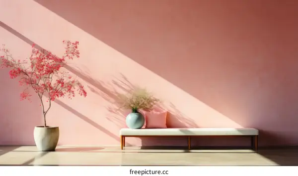 Sunlight streaming through a window illuminates a pink wall, casting a warm glow on a potted plant and bench