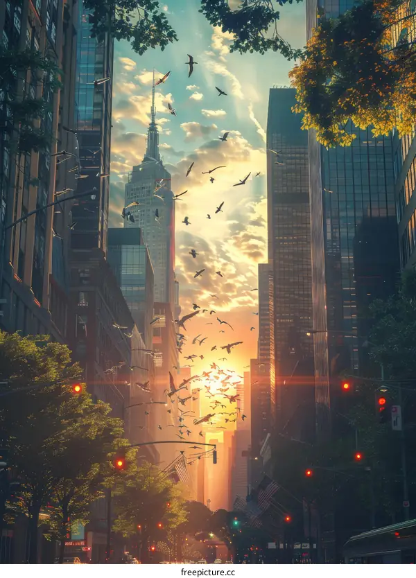 Sunrise Cityscape with Birds in Flight