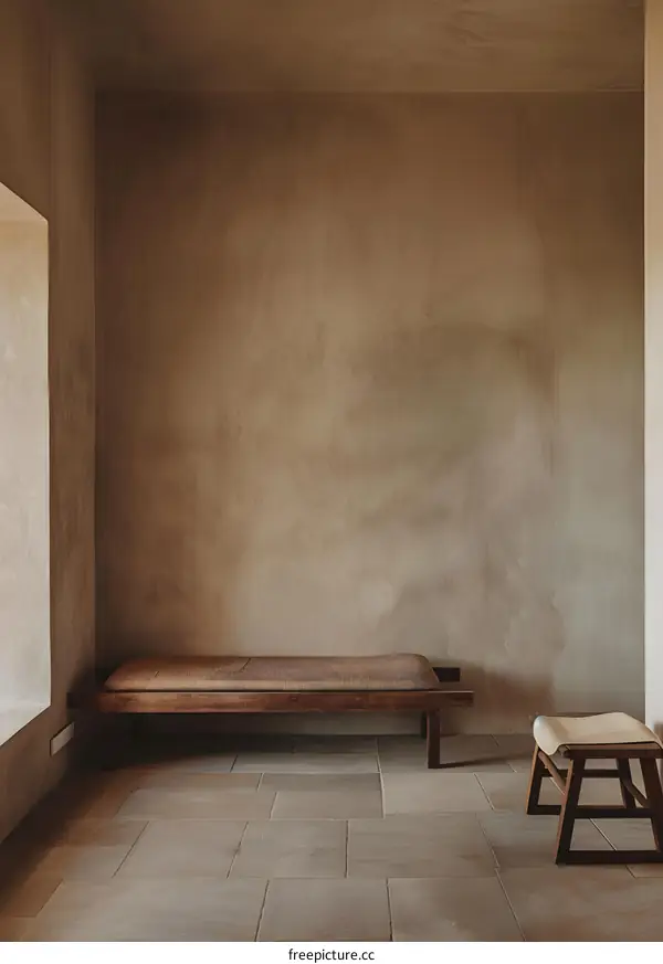 Minimalist Interior Design with Wooden Bench and Stool