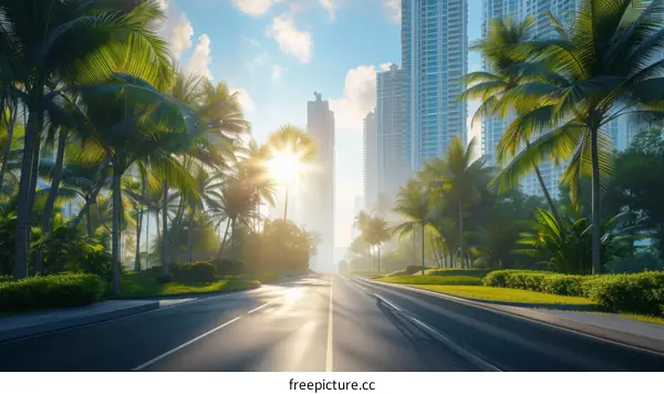 Cityscape with palm trees lining a wide avenue with skyscrapers in the background